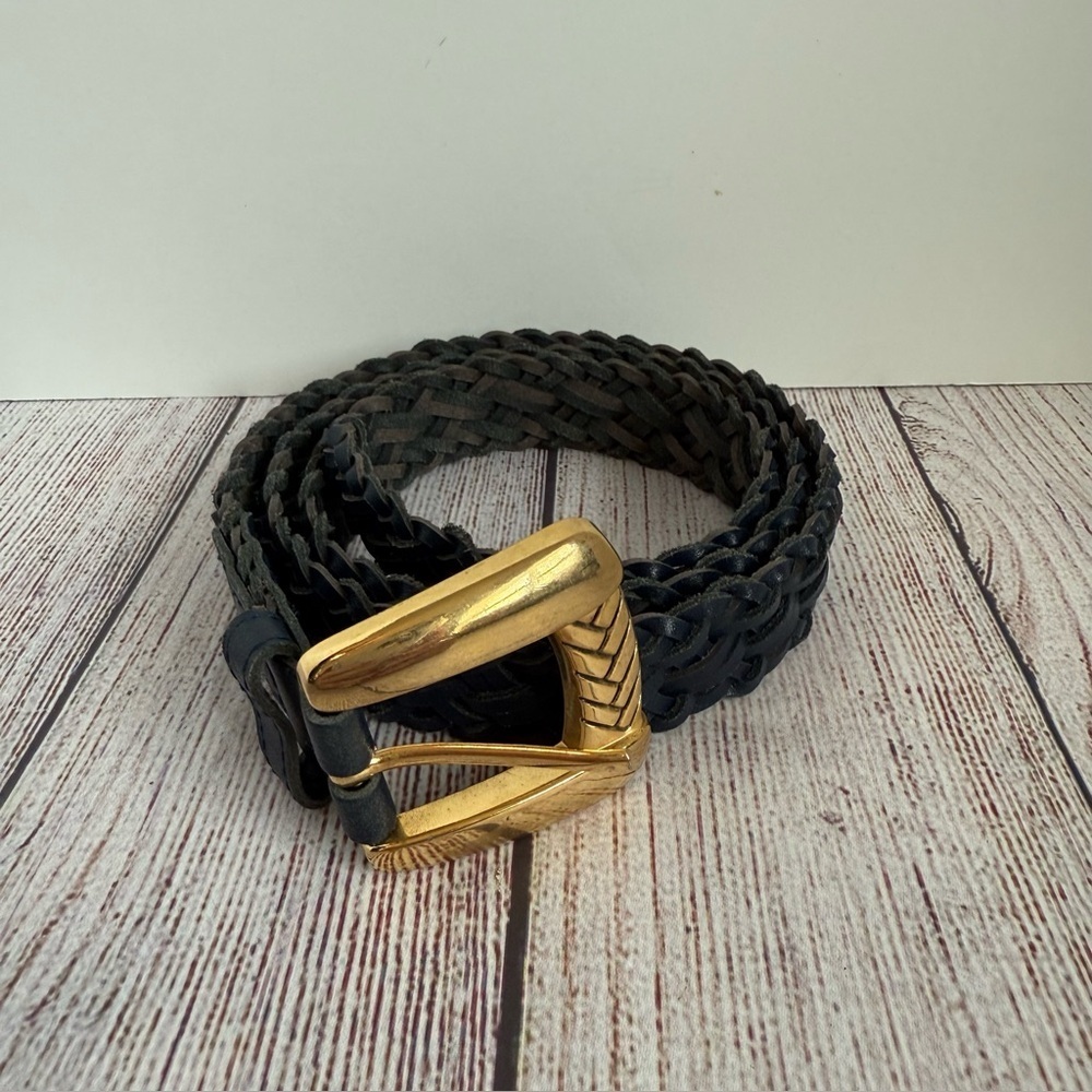 CHIC Vintage Blue Leather Braided Statement Belt Large